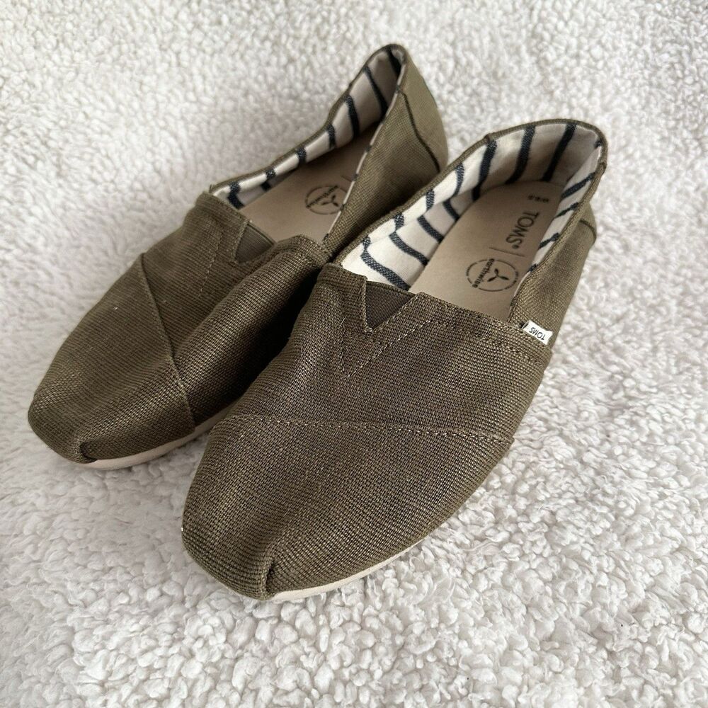 Toms Womens Olive Green Canvas Lightweight Slip On Flats Size 8.5